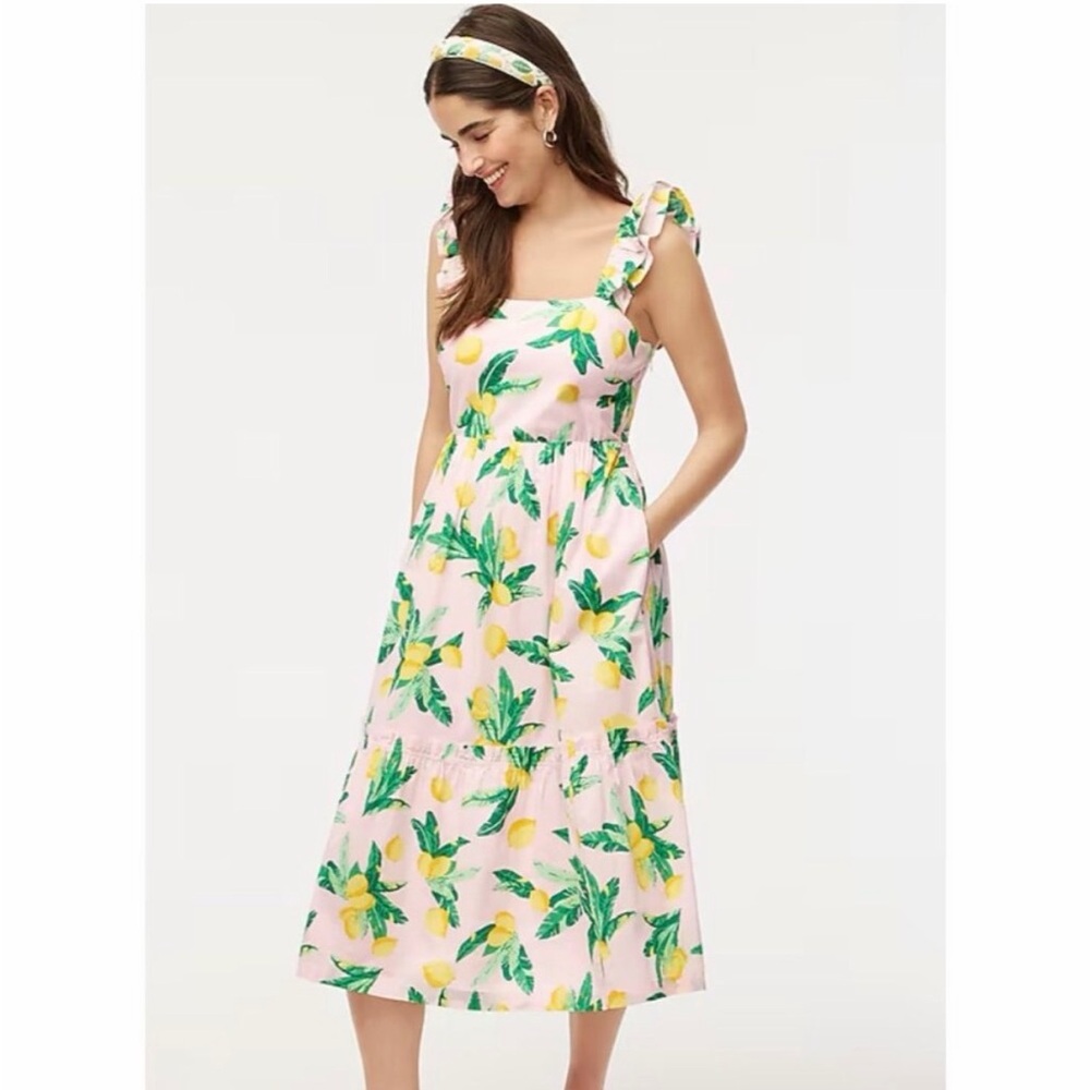 J. Crew Square Neck Lemon Fruit Smocked Midi Dress Pink Yellow, Size 4